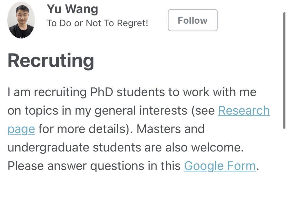This professor is recruiting for all years: 2024,2025,2026
•Full scholarship funding (TA/RA)
•Target: PhD/Master/Intern docs.google.com/forms/d/e/1FAI…

yuwvandy.github.io/recruiting/