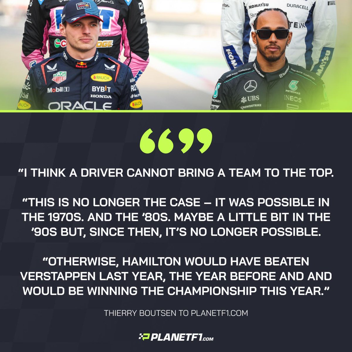 Three-time #F1 winner, Thierry Boutsen, who made 163 race starts between 1983 and 1993, thinks Lewis Hamilton would still be No.1 if the sport was built on purely on driver talent. #LewisHamilton #F1