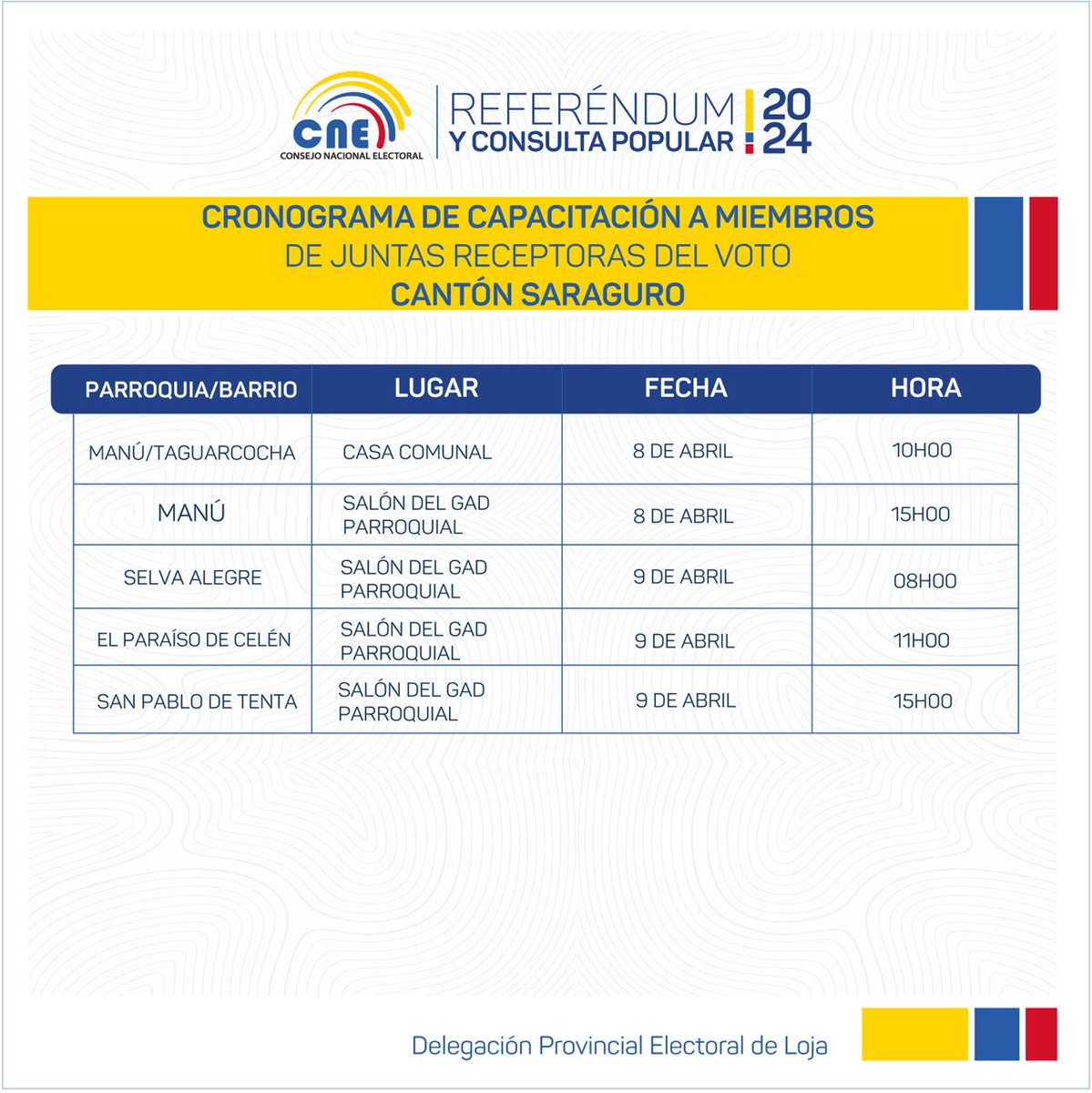CNELoja's tweet photo. SARAGURO ☝️ | ¿Fuiste designado como Miembro de una Junta Receptora del Voto? Capacítate en los siguientes puntos en el cantón #Saraguro 🇪🇨 y cumple con este deber cívico el próximo 2️⃣1️⃣ de abril .
¡#EcuadorCuentaContigo! 🙋🏽🙋🏽‍♀️.
#ReferéndumYConsulta2024 🗳️. https://t.co/mqEVvtUlBn