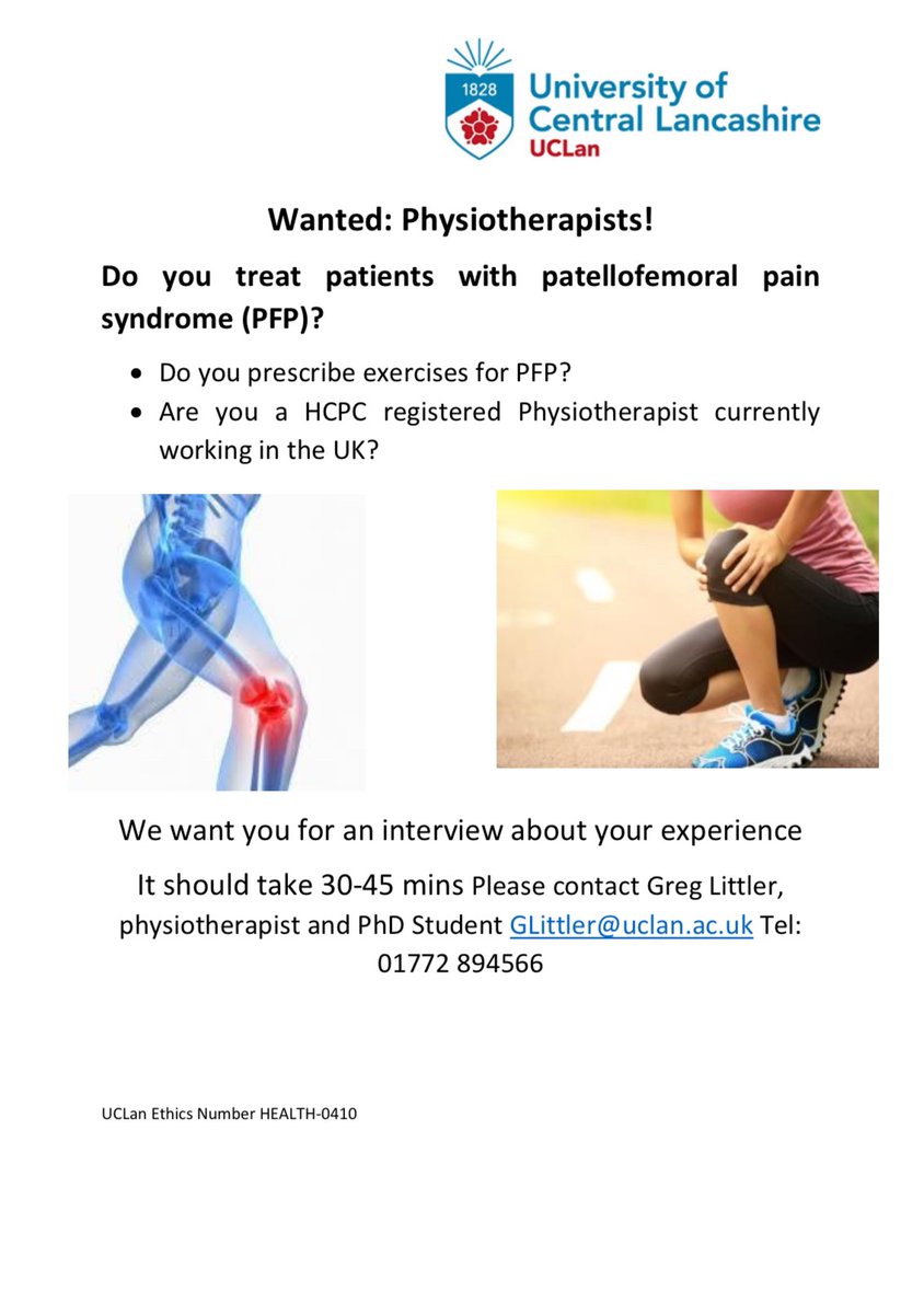 I'm recruiting for the final stage of my PhD. So if you are a ✅Physiotherapist in the UK ✅Treat people with Patellofemoral Pain (PFP) ✅Use exercise in the management of PFP I want to talk to you! Interviews should last approx. 45 mins Please contact GLittler@uclan.ac.uk