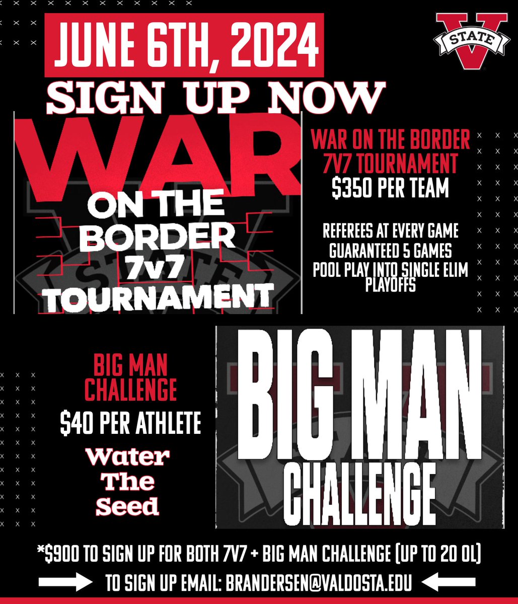 7v7 TOURNAMENT AND BIG MAN CHALLENGE SIGN UPS ARE OFFICIALLY LIVE😎 Don't miss your chance to get your team signed up‼️ Email: Brandersen@valdosta.edu to sign up! #WTS