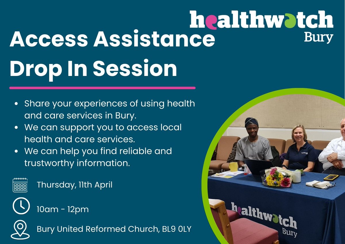 We are back with our monthly drop-in this Thursday, helping you to access local #health services and health advice. 🗓️Thurs 11th April 10am -12 noon 📌Eagles Wing, United Reformed Church, Parsons Lane, #Bury BL9 0LY