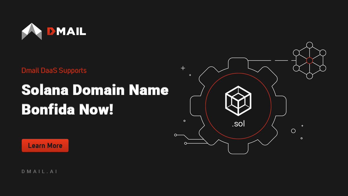 🔥Dmail DaaS (DID-as-a-Service) now supports the Solana Domain Name @Bonfida! ⭐️Holders of .sol can now freemint an 8-11 digits Dmail NFT Domain! ✅Set up DID as your Web3 email account: Settings -> DID 👉🏻Try it now: mail.dmail.ai/setting/did