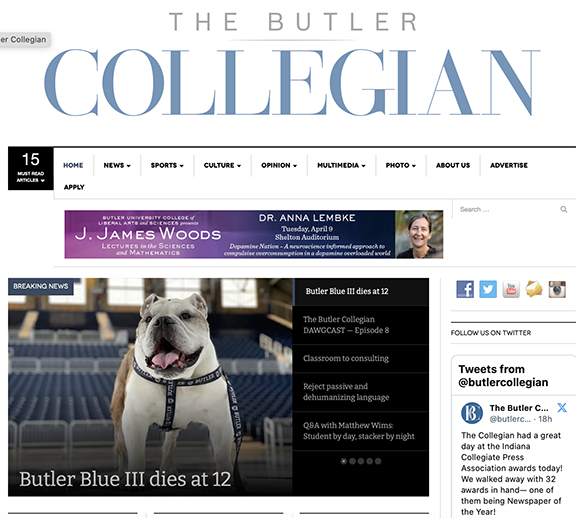 Congratulations to <a href="/butlercollegian/">The Butler Collegian</a> for receiving Website of the Year third place honors at the 2024 <a href="/icpaconnect/">Indiana Collegiate Press</a> awards ceremony <a href="/IUBloomington/">IU Bloomington</a>. Keep up the great work! #icpaconnect
<a href="/butleru/">Butler University</a>