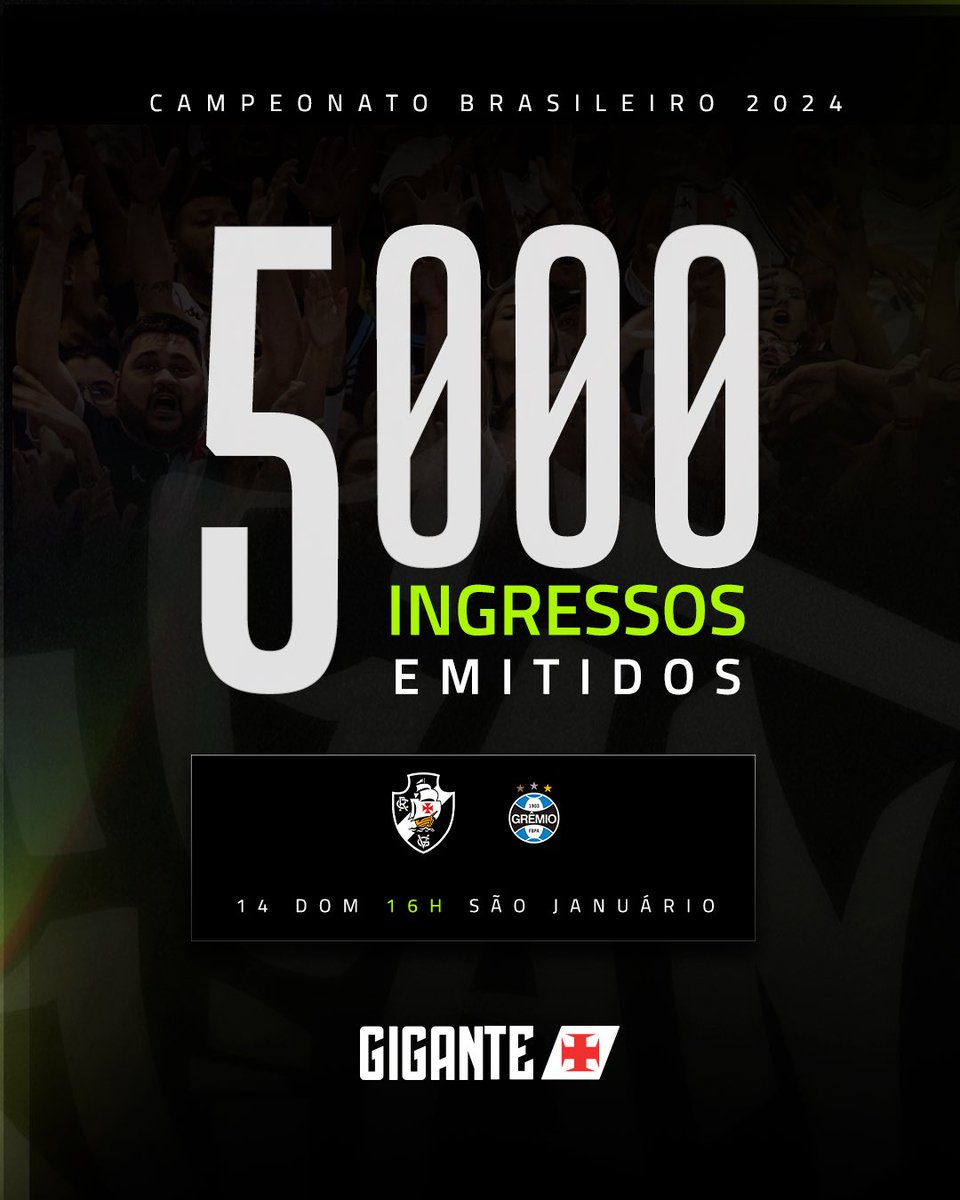 E já foram 5 mil ingressos emitidos para VASCO x Grêmio ☑️ Seja um Gigante e garanta o seu ingresso! ➡️ sociogigante.com #SejaUmGigante #VascoDaGama