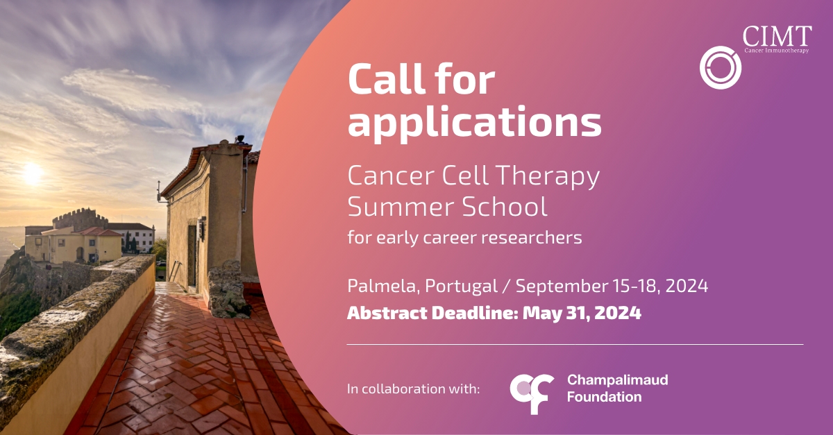 Learn and connect with peers and scientific leaders in an extraordinary retreat setting in Portugal, September 15-18, 2024. 
Applications are open for post-docs and advanced PhD students with a research focus in cancer cell therapy. Apply by May 31, 2024. cimt.eu/summer-school