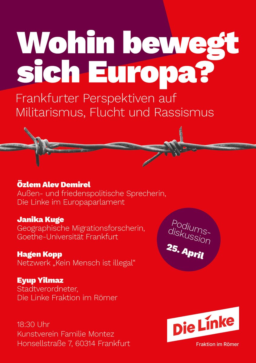 25. April, 18:30 Uhr: Wie hängen #Militarismus, #Abschottung und der Abbau des Sozialstaates miteinander zusammen? Inwiefern sind die jüngsten #Asylreformen Ausdruck eines europaweiten #Rechtsruck/s? Welche konkreten Auswirkungen hat die #Abschiebepolitik der #EU?