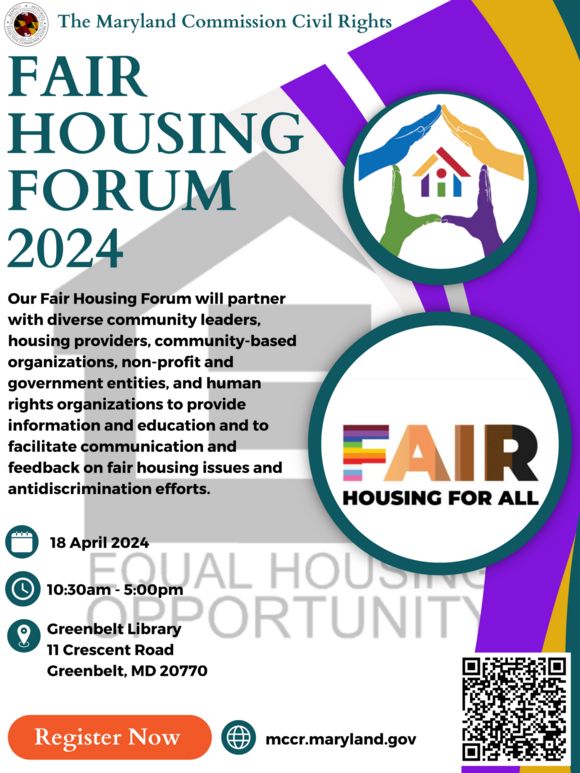 Join @MDCivilRights to learn about your rights as a tenant or homeowner.  

WHAT: MCCR Fair Housing Forum 2024 
WHEN: 4/8, 10:30am-5pm 
WHERE: Greenbelt Branch Library, @PGCMLS

Learn more: buff.ly/4ath4Xb

#FairHousingMonth #FairHousing #HousingIsARight #Maryland