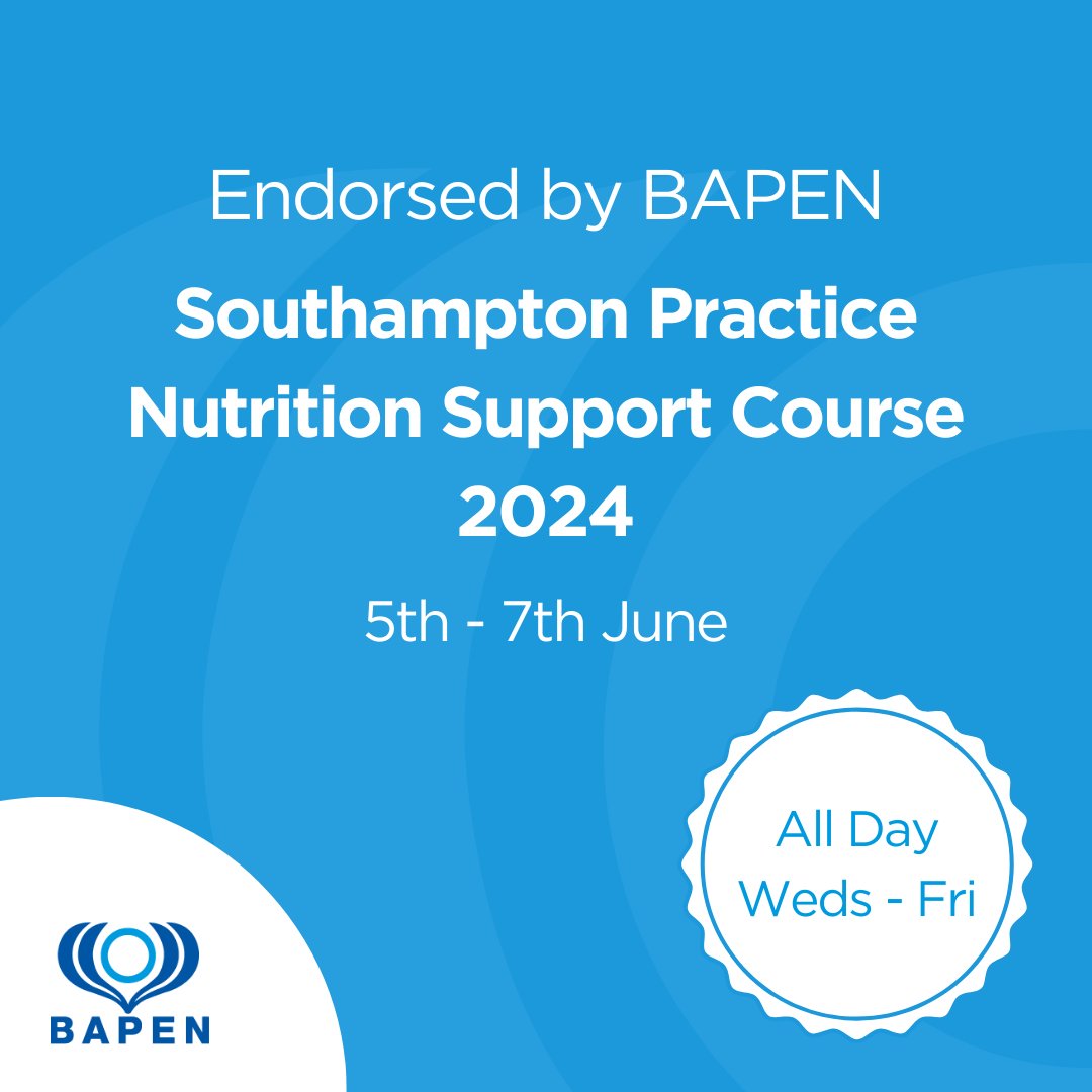You can join the Southampton Practical Nutrition Support Course 2024, endorsed by BAPEN, on 5th June! This interactive course covers essential clinical nutrition topics. Limited delegate spots are available, so register early ➡️bit.ly/3vb0oEx