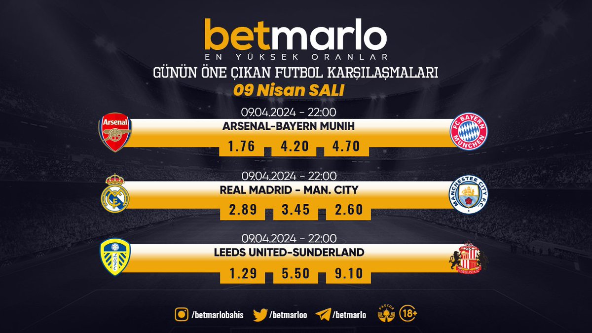 🏆 Günün öne çıkan futbol karşılaşmaları en yüksek oranlarla 𝗕𝗲𝘁𝗺𝗮𝗿𝗹𝗼'da kazanmak isteyenleri bekliyor! Betmarlo Giriş 👉🏻 redmarlo.com/betmarlo