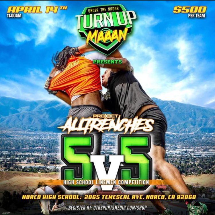 I will be at the alltrenches 5v5 this Sunday with @_UnderTheRadar_ it's gon be some good competition and some great work @GregBiggins @NOLINE_NOSHINE @ikeandromeshow @BHildebrandRCHS @RCHSCougarsFB @OfficialKOBros