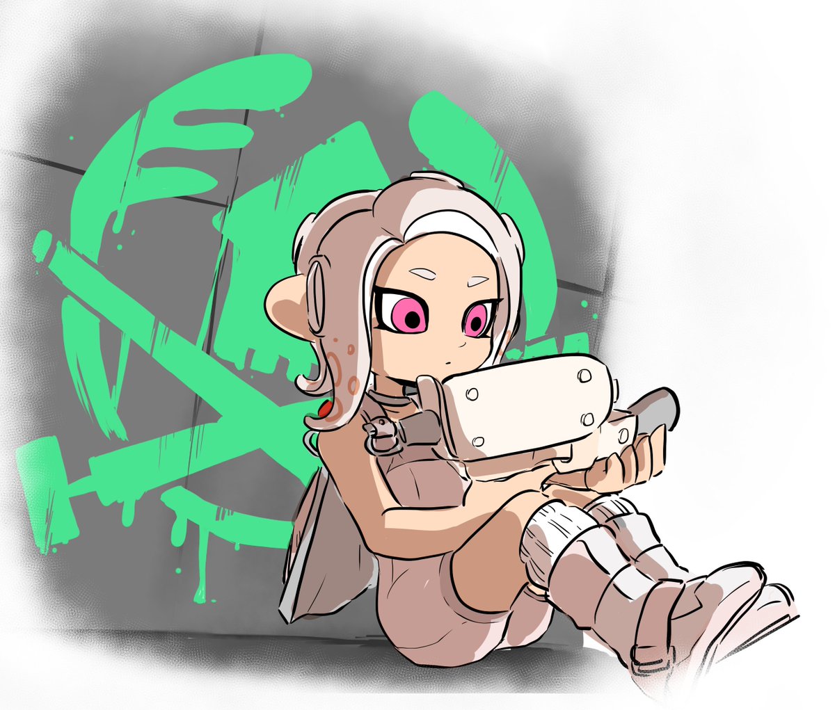 octoling girl ,octoling player character 1girl solo holding closed mouth sitting white hair boots  illustration images