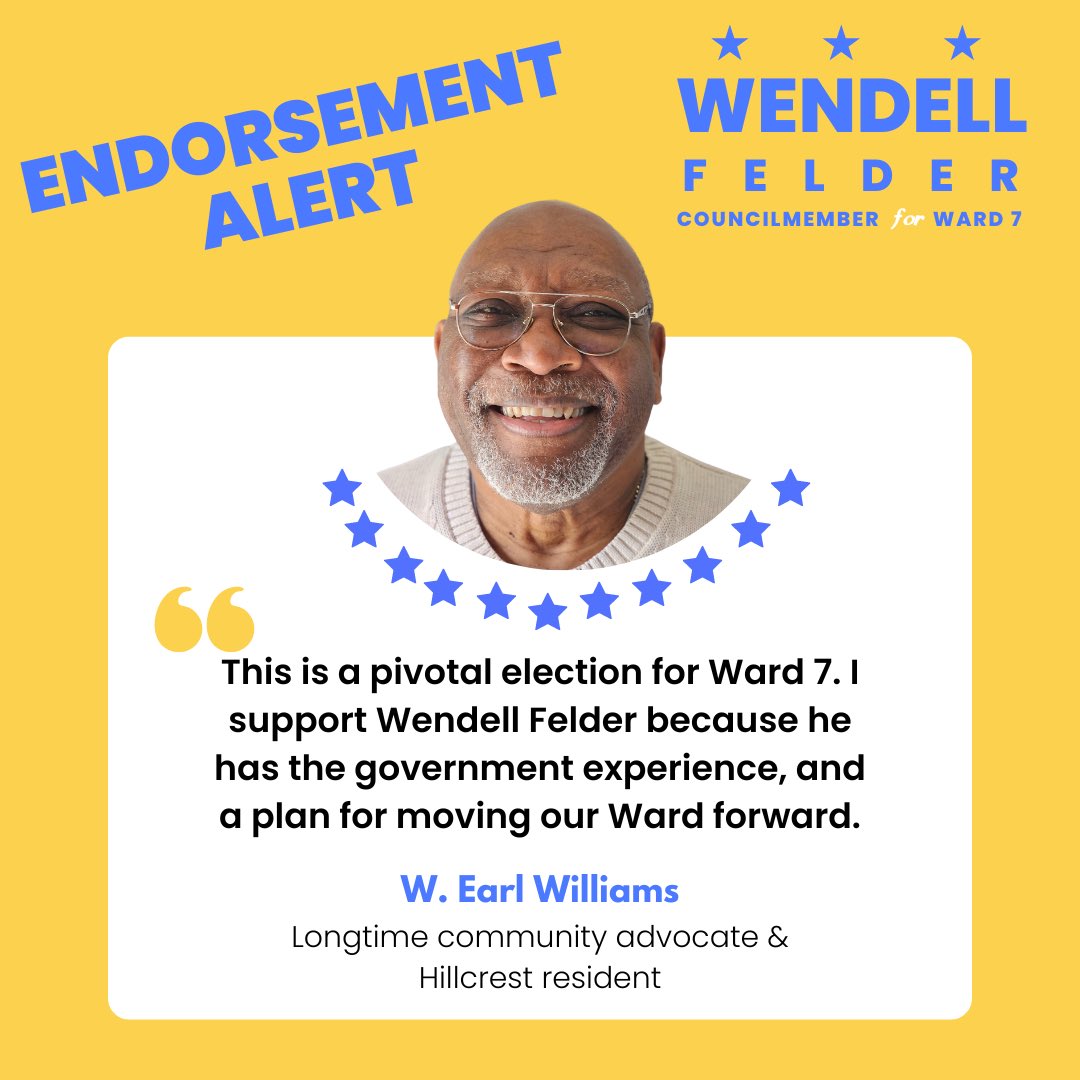 I am honored to receive the endorsement of my friend, Earl Williams. A longtime community advocate, Earl is a champion for Ward 7. Together, we will overcome the challenges facing our residents by investing in a brighter future for our Ward. #WendellWorks #Ward7