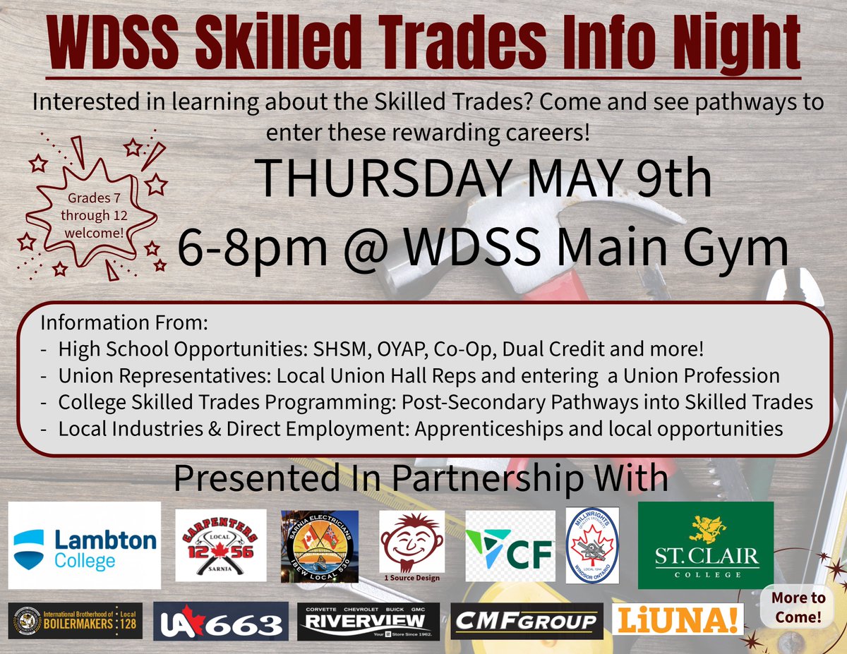 Are you considering a career in the Skilled Trades?   
Wallaceburg District Secondary School is hosting a Skilled Trades Info Night on Thursday, May 9th from 6-8PM at the WDSSS Main Gym.