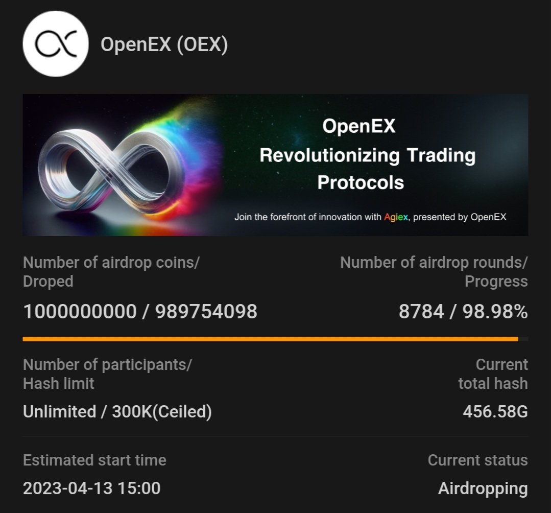 🧡🪂 #OpenEX Update 

Remaining 1% $OEX Airdrop on SatoshiApp. 

♾️ How much you have claimed?
Let's show in comments!

More update soon 🎁🎁🎁
✅️Follow 
🧡Like 
🔄Retweet 

#Mining #OEXCommunity #Coretoshis #SatoshiNews