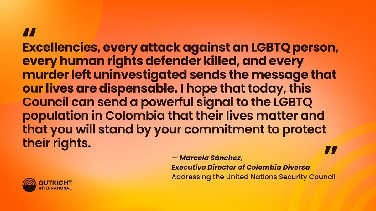 LIVE: @marcela_s_b, Executive Director of @ColombiaDiversa, briefs the #UnitedNations Security Council on the importance of diverse women's participation in implementing Colombia's peace agreement and the alarming human rights violations of LGBTQ people during the conflict.