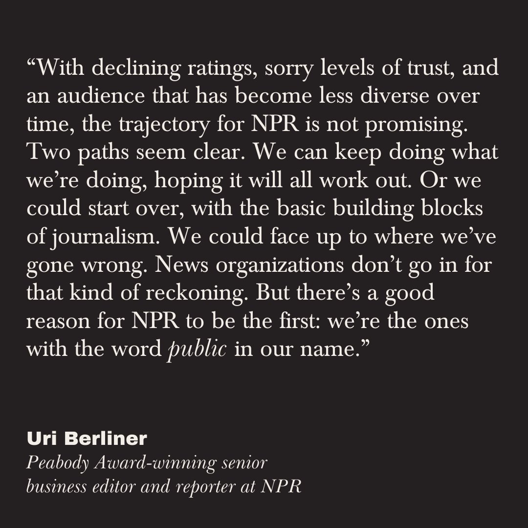 “The trajectory for NPR is not promising. Two paths seem clear. We can keep doing what we’re doing, hoping it will all work out. Or we could start over, with the basic building blocks of journalism.” Senior @NPR editor @uberliner speaks out in The FP: thefp.pub/4aJXNk4