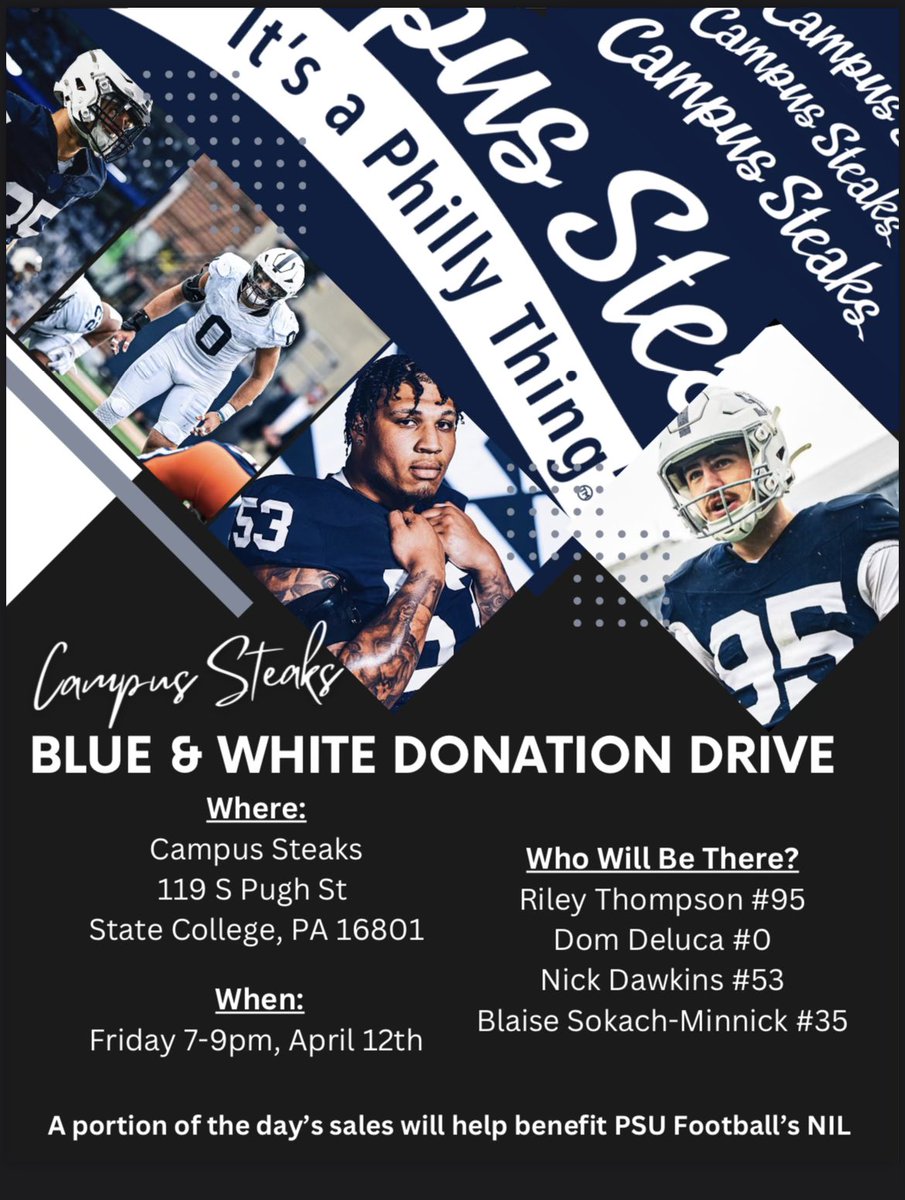 Caroline (@_supcaroline) on Twitter photo Who’s heading up to State College this weekend?!
If you’re in town Friday, check out Campus Steaks for the only player signing that night ⬇️
<a href="/rathompson_/">Riley Thompson</a>, <a href="/dominic_deluca9/">DeLuca</a>, <a href="/TheNickDawkins/">Nick Dawkins</a>, & <a href="/blaisesm15/">Blaise Sokach-Minnick</a> will be there! Who’s heading up to State College this weekend?!
If you’re in town Friday, check out Campus Steaks for the only player signing that night ⬇️
<a href="/rathompson_/">Riley Thompson</a>, <a href="/dominic_deluca9/">DeLuca</a>, <a href="/TheNickDawkins/">Nick Dawkins</a>, & <a href="/blaisesm15/">Blaise Sokach-Minnick</a> will be there!
