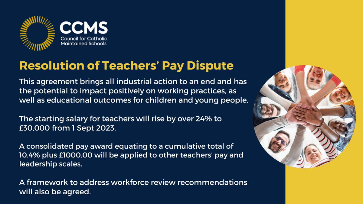 CCMS welcomes the resolution of the teachers' pay dispute. The agreement reached by NITC and Management Side provides a deserved pay award & significant rise in starting salary; plus a commitment to progress important workforce issues. Visit bit.ly/3JawH9V for more info