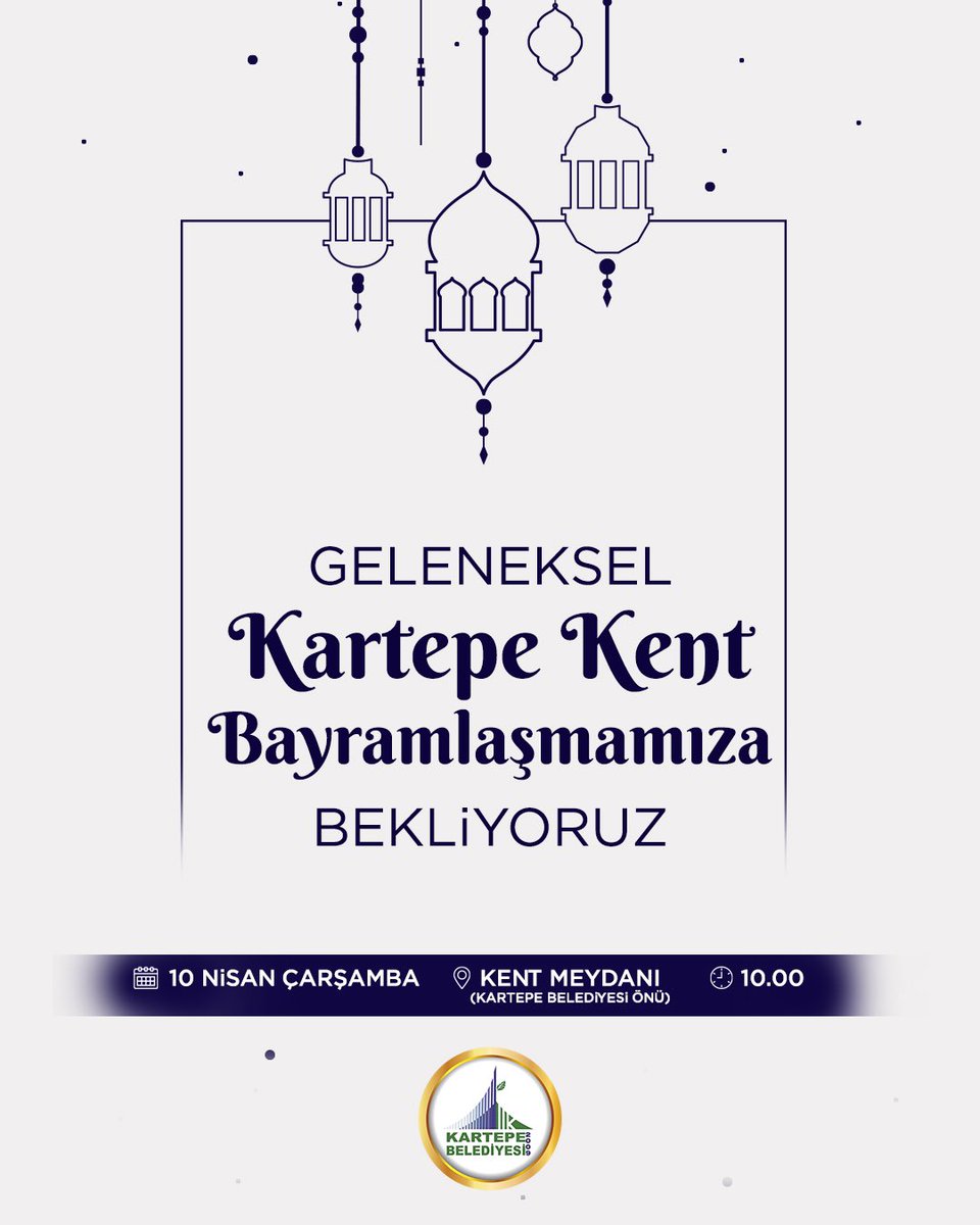 Geleneksel Kartepe Kent Bayramlaşmamıza tüm hemşehrilerimizi bekliyoruz. 🫱🏻‍🫲🏼 🗓️ 10.04.2024 - Çarşamba ⏰ 10.00 📍 Kent Meydanı (Kartepe Belediyesi Önü)