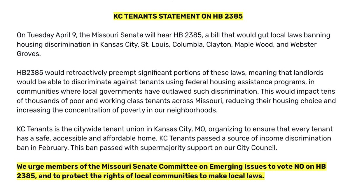 Today, the Missouri Senate will hear HB 2385, concerning local bans on source of income discrimination. KC Tenants has issued the following statement: