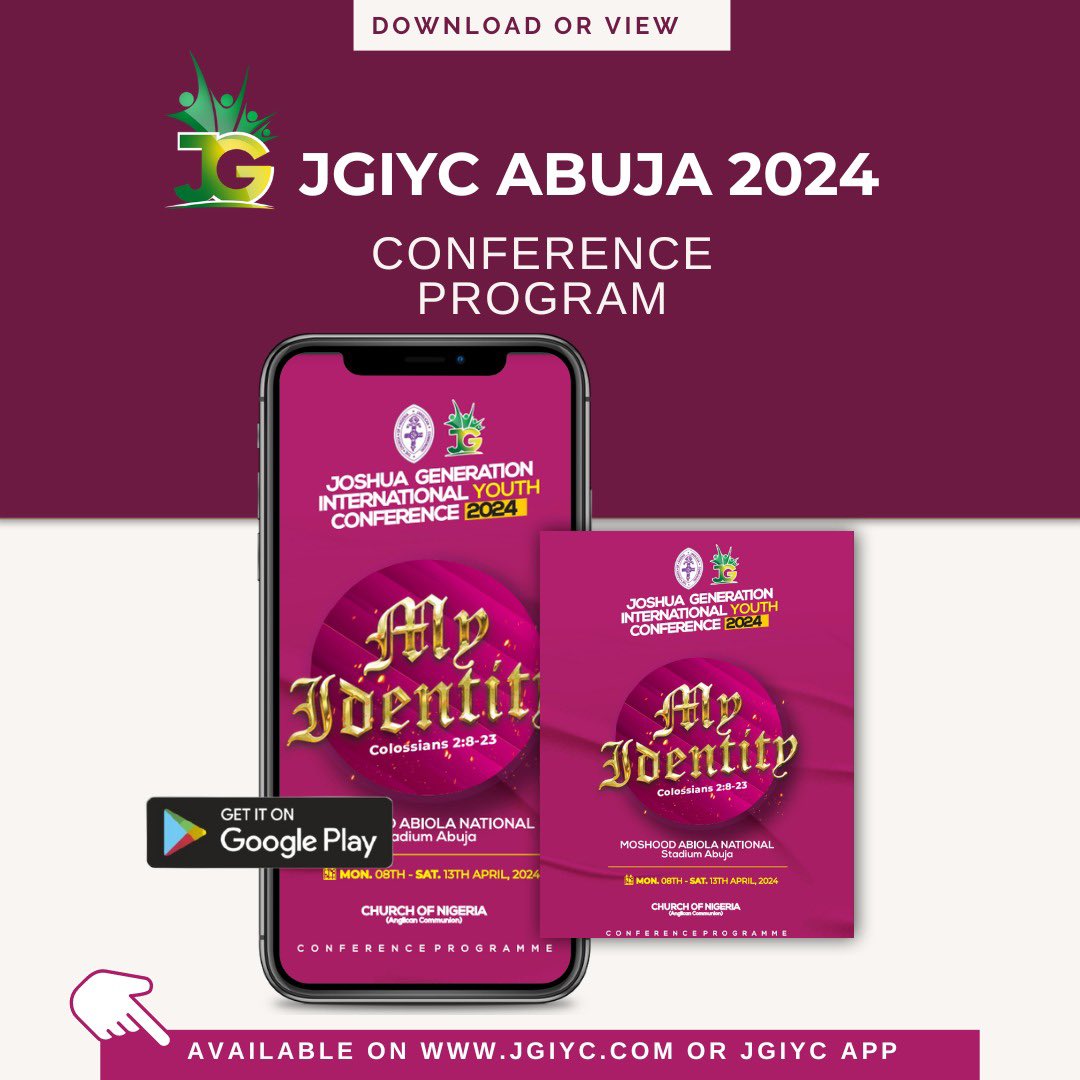 Jgiyc_online's tweet photo. JGIYC 2024 CONFERENCE PROGRAMME AVAILABLE ON OUR WEBSITE & MOBILE APP.
#joshuageneration #jgiyc #jgiyc2024 #jgiycproduction #myidentity #jgiycradio #jgiycmovietrain #conference #trends #youths #funny #meme #viral #explore #impact #anglican #churchofnigeria https://t.co/8i0BPA66qo