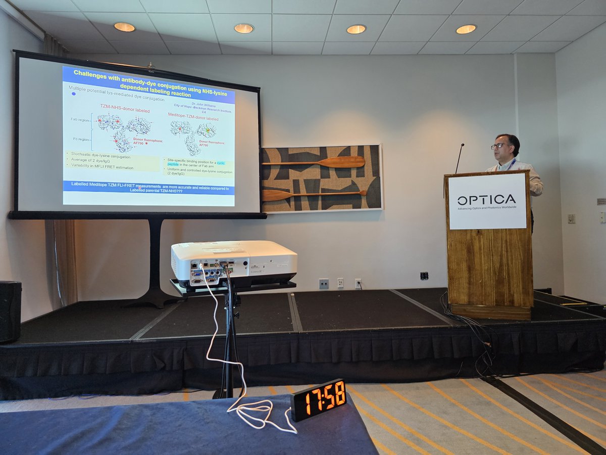Amit Verma @amit41372058 gave a great talk @OpticaWorldwide on the application of Meditope antibody engineering for dye conjugation and in vivo macroscopy FRET FLI used to measure drug delivery and target engagement in #HER2 tumor xenografts. @RPI_BME @AlbanyMedMCP
