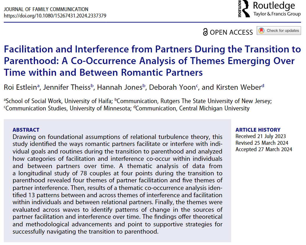 Excited to see this manuscript accepted at <a href="/JOFamilyComm/">Journal of Family Communication</a> examining partner facilitation and interference during transition to parenthood &amp; co-occurrence of themes within &amp; between partners. With Roi Estlein, @HElizabeth44, <a href="/DeborahBYoon/">Dr. Deborah B. Yoon, PhD</a>, <a href="/kirstenmweber/">Kirsten</a>. tandfonline.com/doi/full/10.10…
