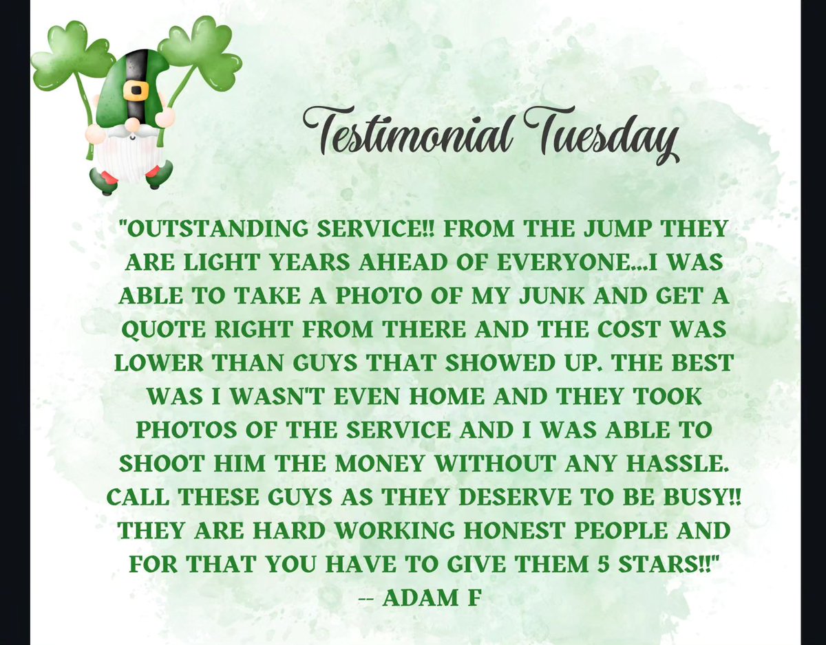 Thank you SO much, Adam F, for the rave review! We appreciate the awesome feedback, and really appreciate your business. We thank you for choosing the Junkin Irishman! #customerreview #customerfeedback #fivestarreview #TestimonialTuesday #northernnj #nj #newjersey