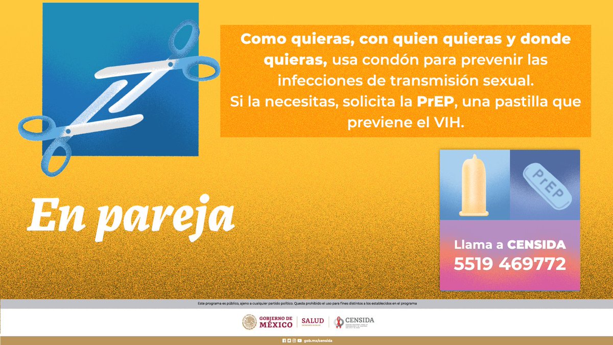 #SiempreCondon para evitar las Infecciones de Transmisión Sexual. Te orientamos en: censida@salud.gob.mx y tel. 5519469772 #EnPareja #SiempreCondon