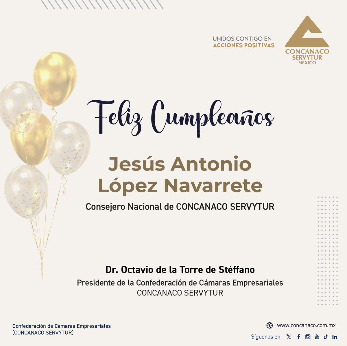 CONCANACO's tweet photo. Le deseamos un #FelizCumpleaños a Jesús Antonio López Navarrete, Consejero Nacional de CONCANACO SERVYTUR ¡Muchas felicidades! https://t.co/Fzw2Pz6kr3
