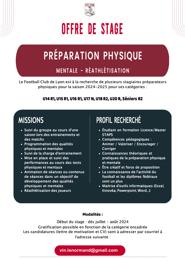 🔴⚪ 𝕆𝔽𝔽ℝ𝔼𝕊 𝔻𝔼 𝕊𝕋𝔸𝔾𝔼 Nous sommes à la recherche de stagiaires en préparation physique pour la saison 2024-2025 ⚽️👊 👉 Veuillez envoyer votre candidature à l'adresse suivante : vin.lenormand@gmail.com #teamfclyon #foot #football #soccer #recrutement