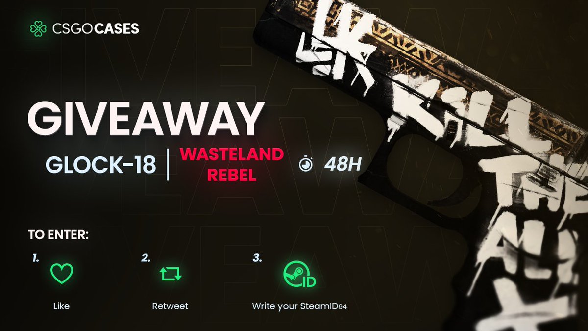 💥StatTrak™ Glock-18 | Wasteland Rebel (FT) GIVEAWAY!💥
How to Enter: 
💗Like
🔁Retweet
✍️Write your SteamID64

🎁Winner will be announced after 48h⏰
#cs2giveaways #cs2skins #csgocases #cs2skinsgiveaway #cs2community #giveaway #CS2Giveaway #CS2 #CounterStrike2 #CS2