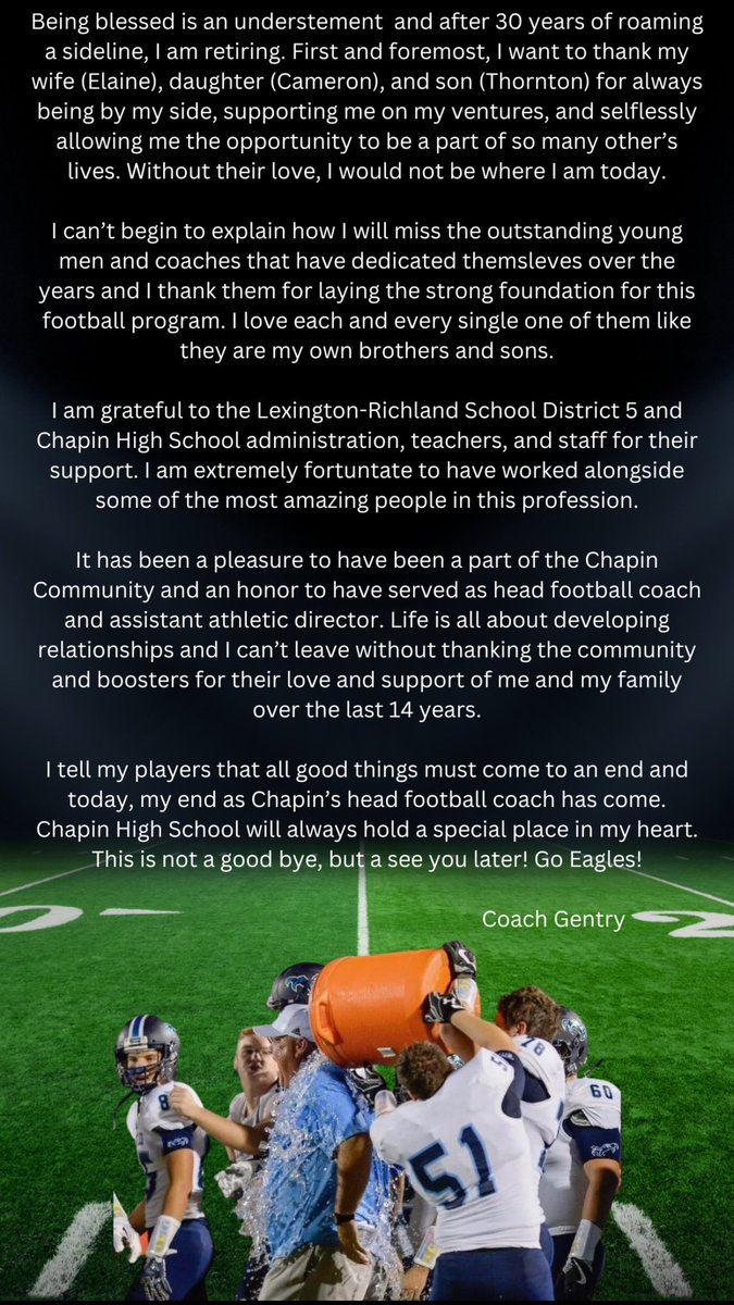 A message from Chapin football Coach Justin Gentry: Please click on the image to ensure you see the whole message.