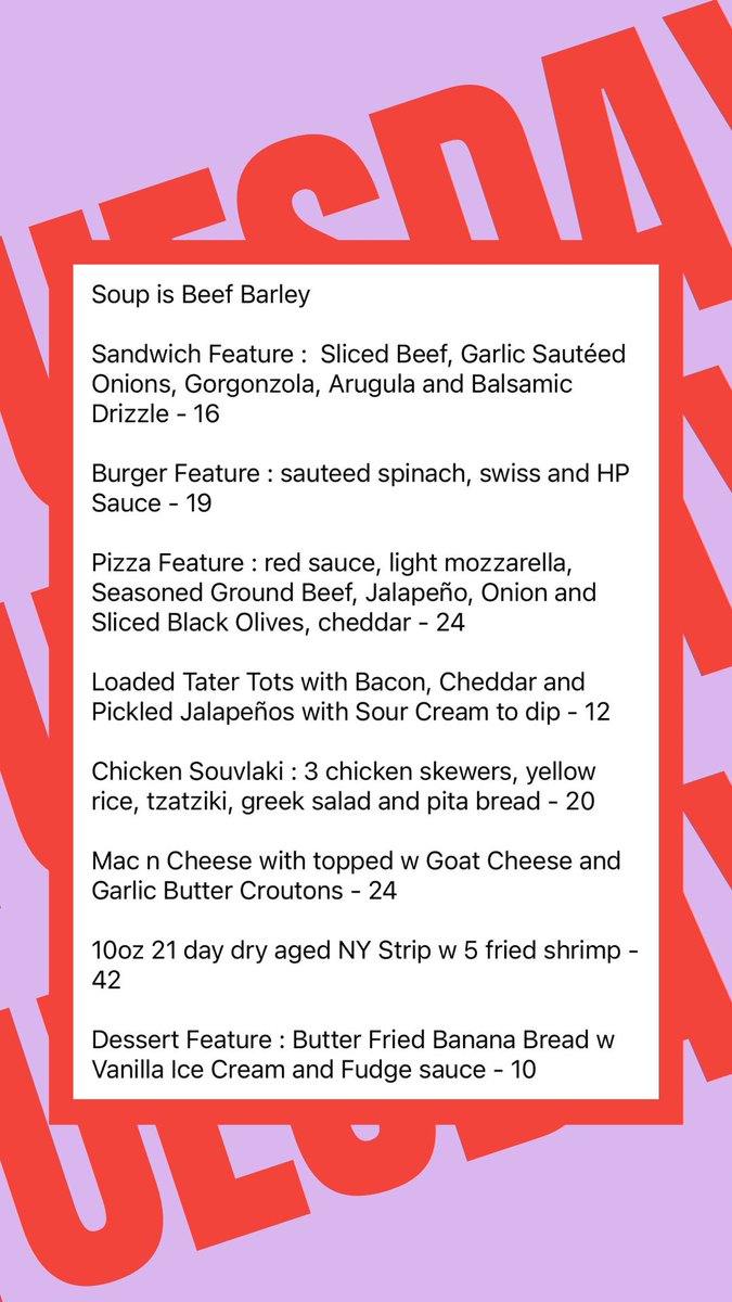 🌟𝐓𝐔𝐄𝐒𝐃𝐀𝐘 𝐅𝐄𝐀𝐓𝐔𝐑𝐄𝐒 🌟

🕛 Open from 12pm - 9pm
🛍️ Takeout Available All Day
🚙 Limited Delivery @ 5pm
⏰ Times not Guaranteed

𝙁𝙐𝙇𝙇 𝙈𝙀𝙉𝙐: bit.ly/3uVLb5H

📲 Order by phone
       519-832-2041