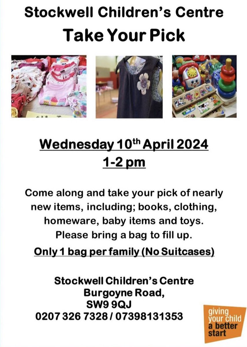 🎉 Pop by Stockwell Children's Centre this Wednesday April 10th, 1-2pm, for the Take Your Pick event! Browse through nearly new items like books, clothes, toys, and more. Remember to bring a bag! One bag per family. See you there! 🛍️ #families #stockwell