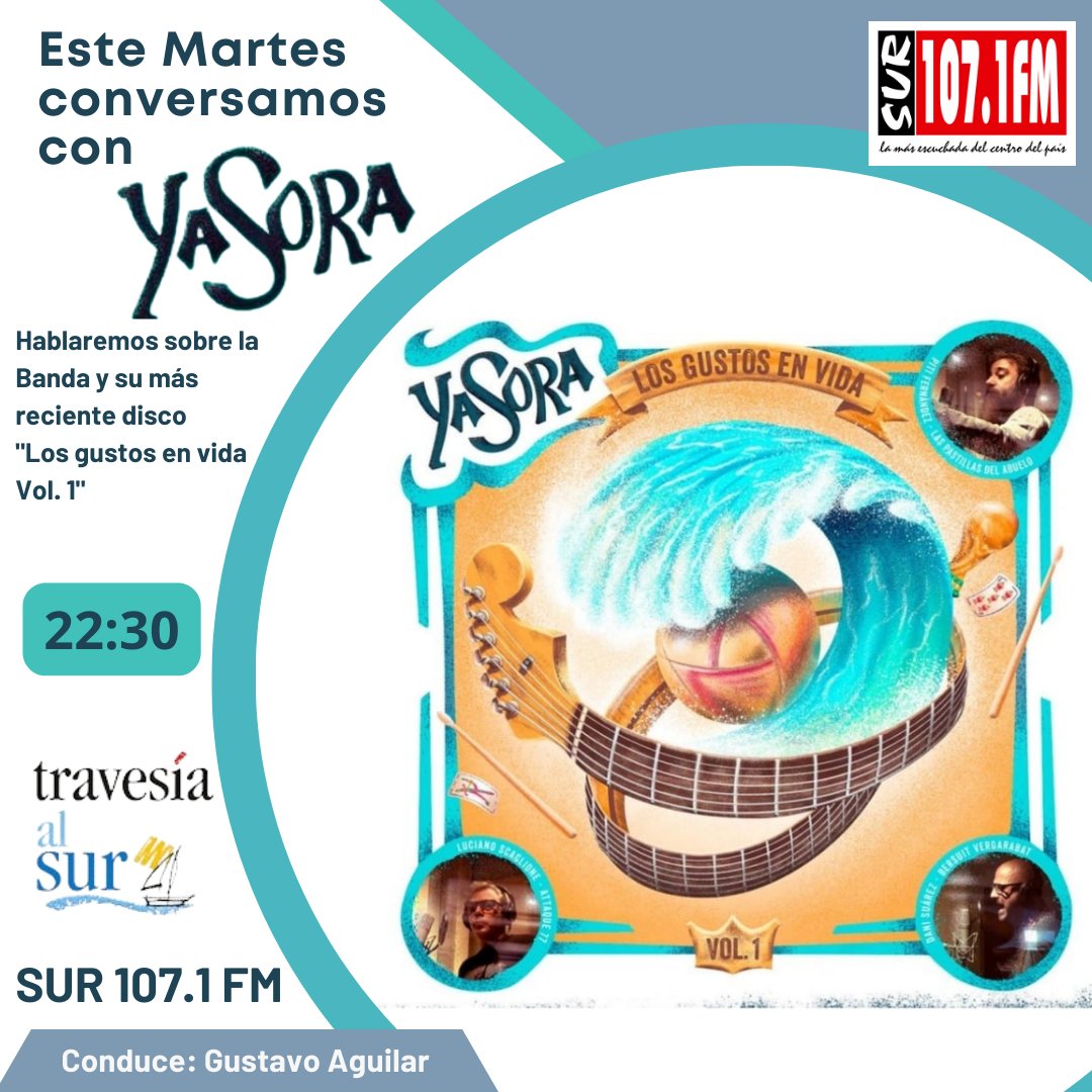 🎙 Hoy en <a href="/TravesiaalSur/">Travesía al Sur</a> desde las 22y30 conversamos con Mariano, vocalista de la banda argentina <a href="/YASORABANDA1/">YASORABANDA</a>
Hablaremos de su más reciente disco, "Los gustos en vida Vol. 1"
En SUR 107.1 FM para todo el centro de Uruguay 
surfm.net  y travesiaradio.com