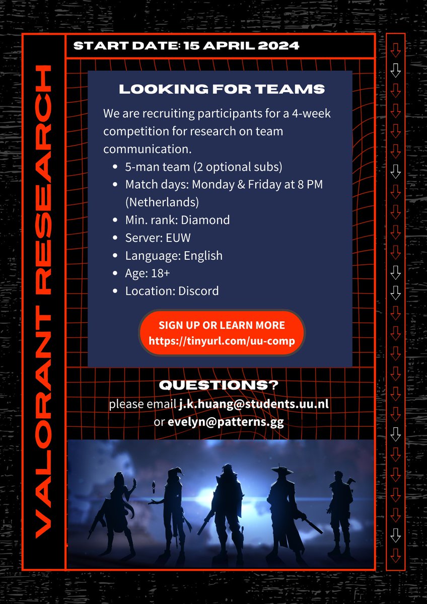 Evelyn Tan, PhD (@_evelyntan) on Twitter photo Looking for participants!
I'm working with <a href="/julianfrommel/">Julian Frommel</a> to support his Master's students run a killer project on team #communication in #Valorant.
Participants will get some pretty cool analytics on their communication through our platform.
RTs appreciated. 🙏 Looking for participants!
I'm working with <a href="/julianfrommel/">Julian Frommel</a> to support his Master's students run a killer project on team #communication in #Valorant.
Participants will get some pretty cool analytics on their communication through our platform.
RTs appreciated. 🙏