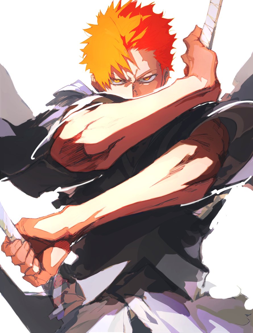 kurosaki ichigo solo looking at viewer short hair simple background white background 1boy holding  illustration images