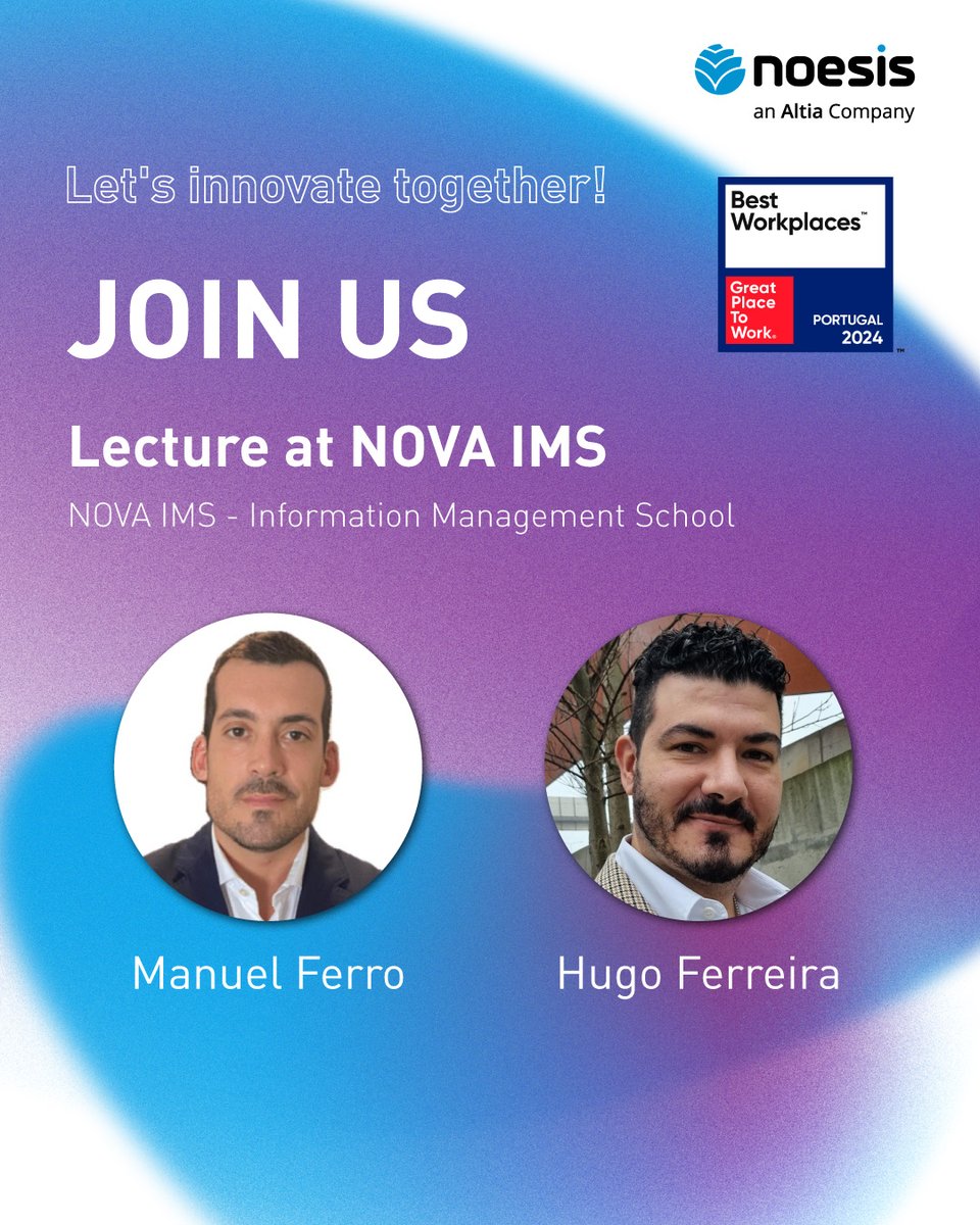 💡 At Celonis's invitation, Manuel Ferro and Hugo Ferreira from our DAAI team will be at NOVA IMS to discuss the functionalities and significant advantages of Process Mining.

Don't miss this Lecture tomorrow, April 10th, between 6PM and 9PM.

#teamnoesis #processmining #joinus