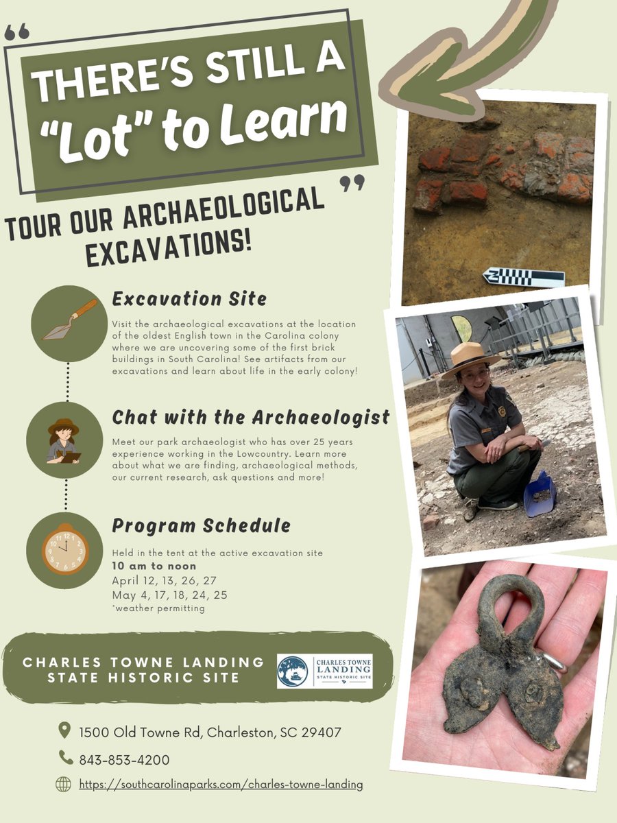 Come out and tour our archaeological excavations with an archaeologist - at Charles Towne Landing! 10 a.m. until noon, beginning April 12 and running various dates through May 25. See the flyer below for all the details! Free with park admission. brnw.ch/21wIEcX