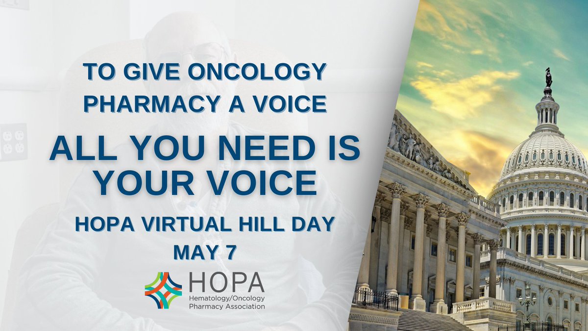 HOPA's Virtual Hill Day takes place May 7, and we need your voices - whether you're a patient, survivor, caregiver or pharmacist, we'd love you to join us discussing the value and role of HemeOnc Pharmacists in Cancer Care. Applications close April 10: bit.ly/493mp6g