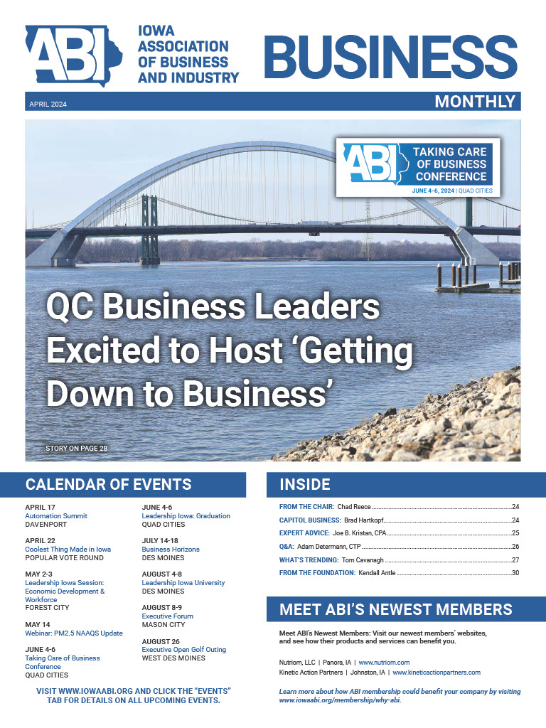 The April edition of ABI's #BusinessMonthly is out now! 📰 Check out the cover story to learn more about #ABICON24 (June 4-6) and hear from Quad Cities business leaders excited to host Iowa’s premier business conference! bit.ly/4aKCkHz
