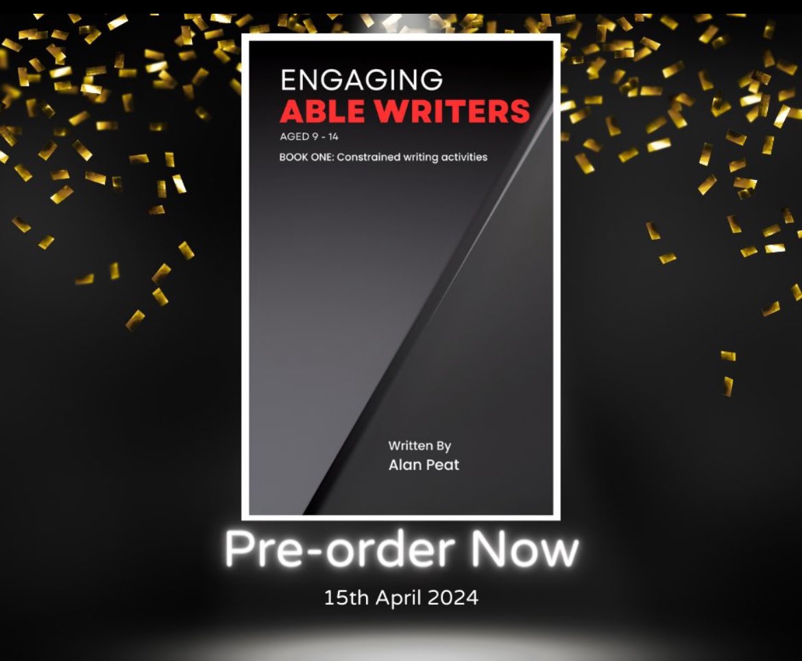 After 5 years of research, the first in a series of books (pdf downloads so no postage) with strategies for engaging able writers. Pre-order here:

alanpeat.com/?product=ebook…

#nqtchat #litchat #teachingenglish #writetip #grammar #giftedandtalented #giftedkid