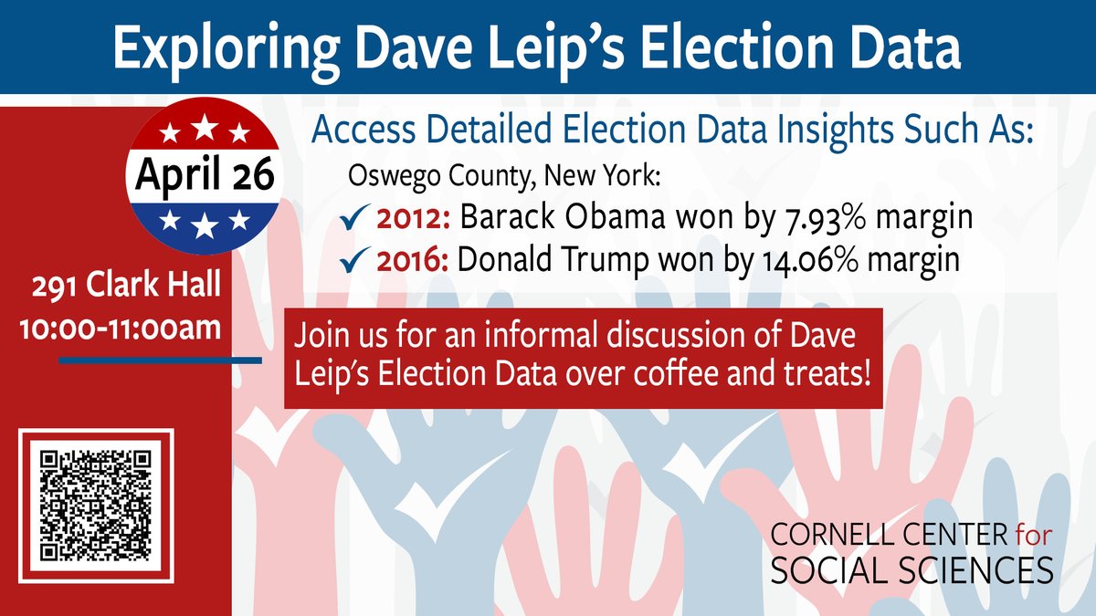 April 26: Exploring Dave Leip's Election Data, 10-11am in 291 Clark Hall! Engage in an informal discussion over coffee and treats hosted by @CornellCCSS! Dive into the data here: socialsciences.cornell.edu/computing-and-…