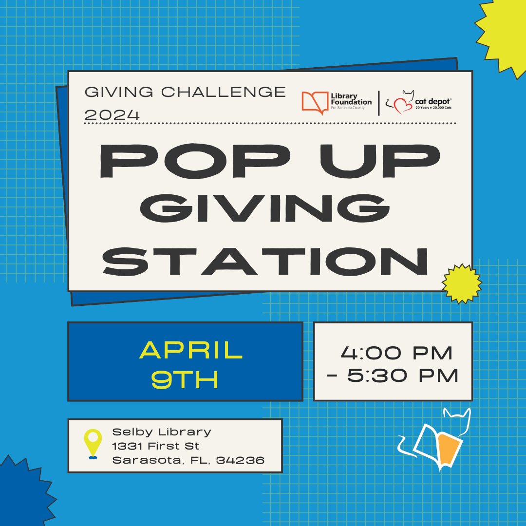 Libraries really ARE for everyone (Feline Friends included)! We're thrilled to be partnering with Library Foundation for Sarasota County! Join us TODAY, April 9th from 4-5:30pm for a Giving Challenge Pop-Up Event at the Selby Public Library. #givingchallenge2024