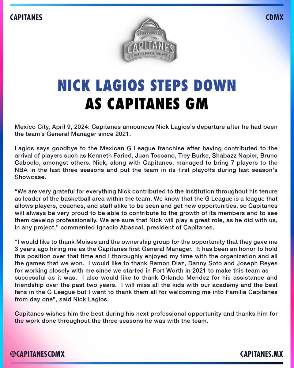 Comunicado oficial: Capitanes anuncia la salida de Nick Lagios después de haber sido General Manager del equipo desde 2021. #SomosCapitanes
