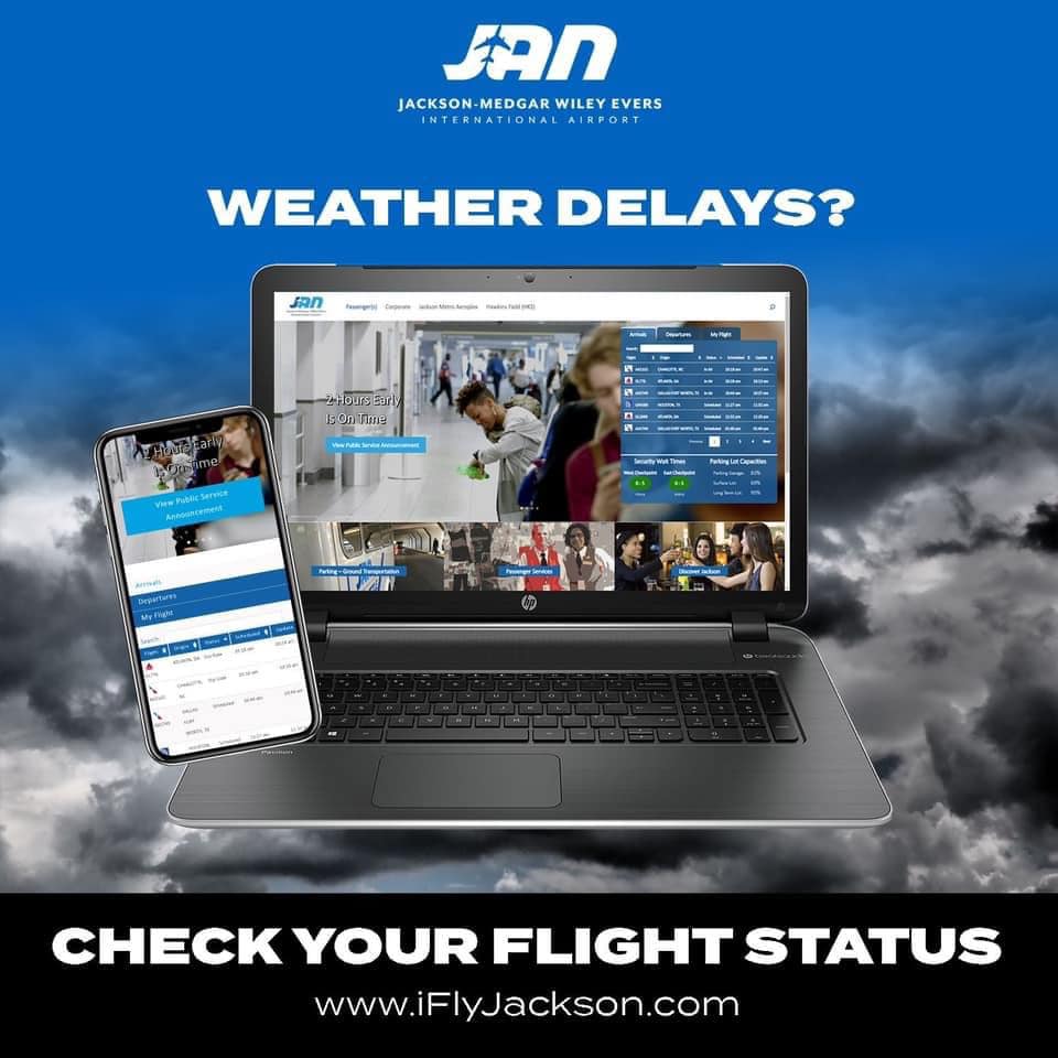 🌧️ Attention travelers! Weather conditions may lead to flight delays/cancellations at JAN. Before heading to the airport, verify your flight status. Visit iFlyJackson.com or contact your airline for the most recent updates. Stay informed and travel safe! ✈️ #JAN #Travel