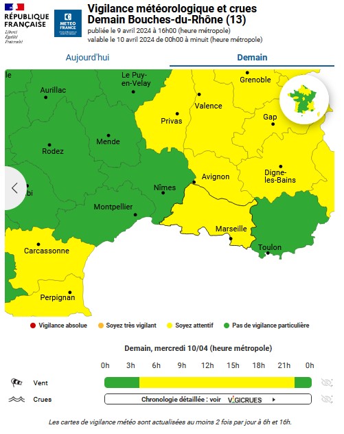 ⚠️ Demain mercredi 10 avril 2024, le <a href="/departement13/">Département des Bouches-du-Rhône</a>  est placé en #VigilanceJaune Vent, dès 4h du matin jusqu'à minuit.
Nous vous recommandons la plus grande prudence et vous invitons à suivre la situation météorologique ici : vigilance.meteofrance.fr/fr/bouches-du-…
<a href="/prefpolice13/">Préfète de police déléguée des Bouches-du-Rhône</a> <a href="/BFMMarseille/">BFM Marseille Provence</a>