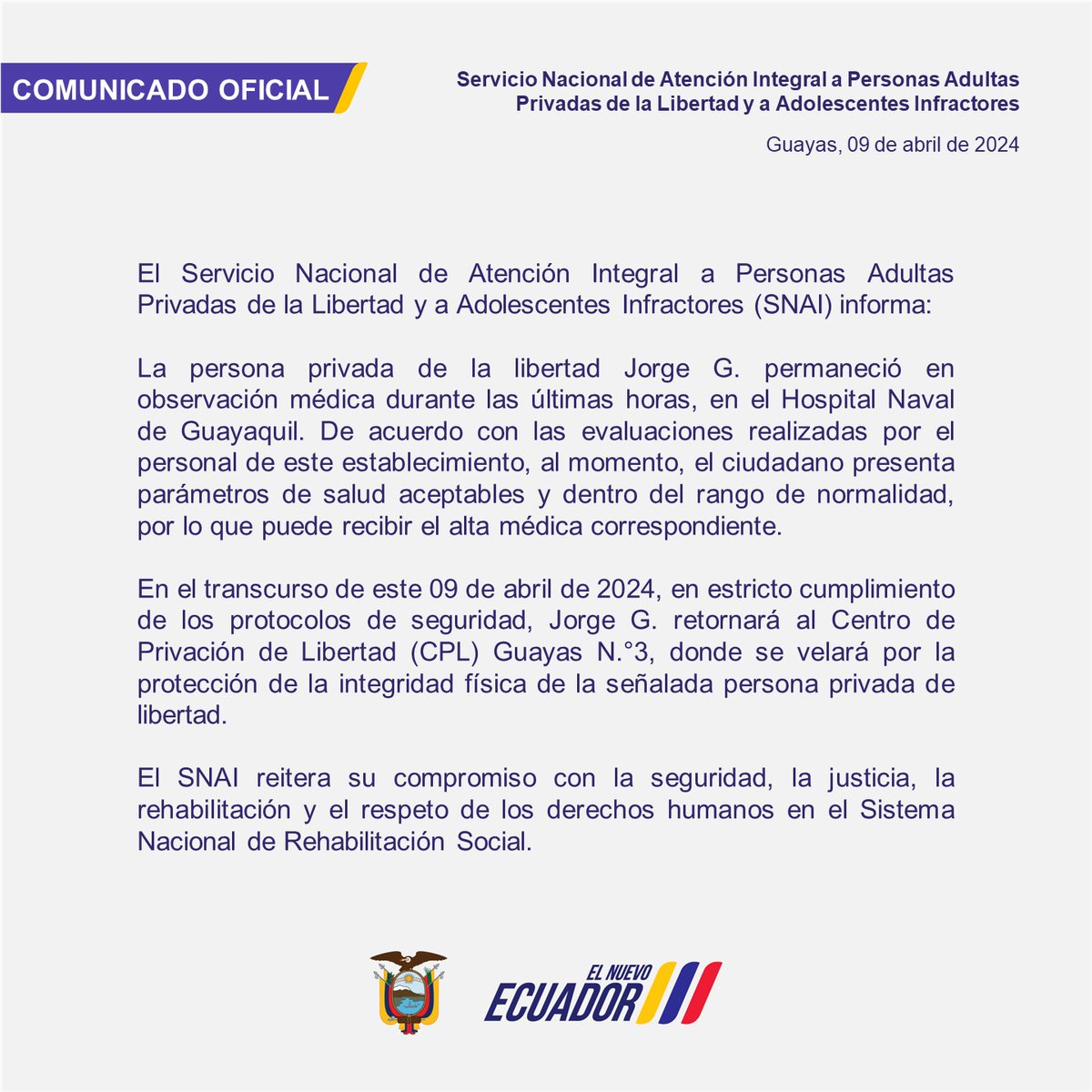 #ComunicadoOficial | El Servicio Nacional de Atención Integral a Personas Adultas Privadas de la Libertad y a Adolescentes Infractores informa: